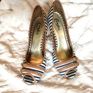Candies Navy and White striped heels